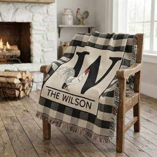 Personalized Black and White Buffalo Plaid Rooster Deken