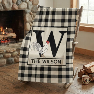 Personalized Black and White Buffalo Plaid Rooster Fleece Deken