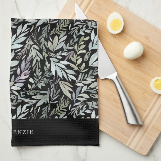 Personalized Black Botanical Watercolor Pattern Theedoek (Quarter Fold)