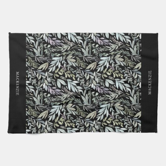 Personalized Black Botanical Watercolor Pattern Theedoek (Horizontaal)