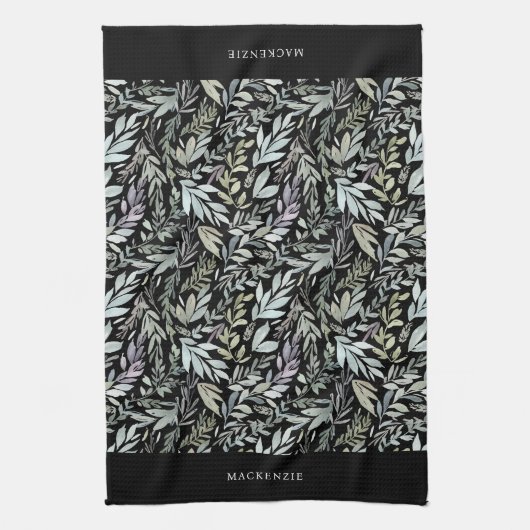 Personalized Black Botanical Watercolor Pattern Theedoek (Verticaal)