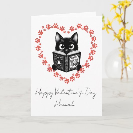 Personalized Black Cat Book Lover Valentine's Card Kaart (Gele Bloem)