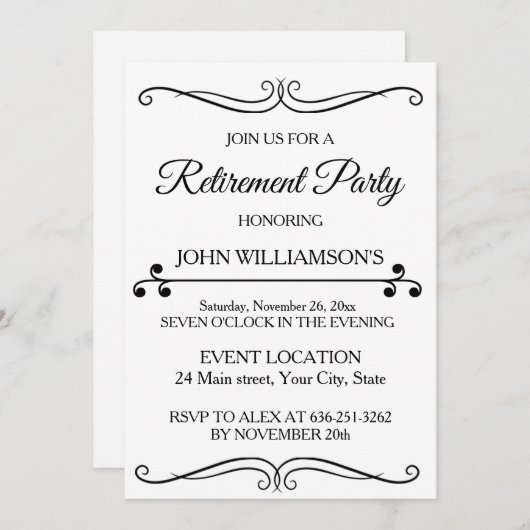 Personalized black elegant retirement party  kaart (Voorkant / Achterkant)