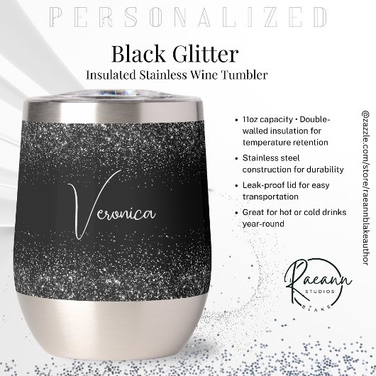 Personalized Black Glitter Stainless Wine Tumbler