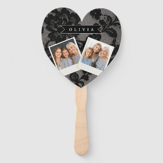 Personalized Black Lace Floral Elegant Monogram Handwaaier (Voorkant)