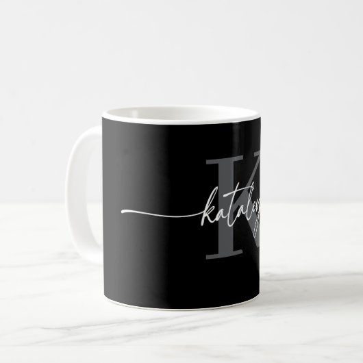 Personalized Black Monogram Coffee Mug with Name Koffiemok (Voorkant links)