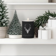 personalized black plaid check deer Christmas cand