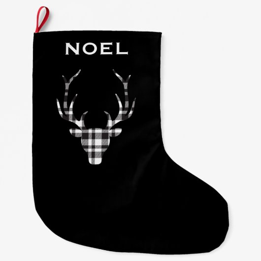 Personalized Black Plaid Deer Christmas Stockings Grote Kerstsok (Voorkant)