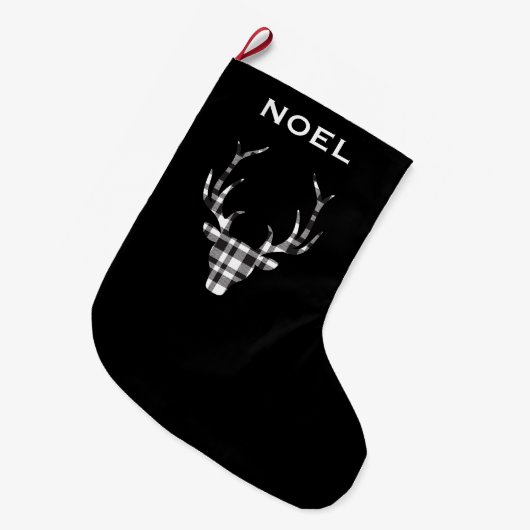 Personalized Black Plaid Deer Christmas Stockings Grote Kerstsok (Voorkant (Hangend))