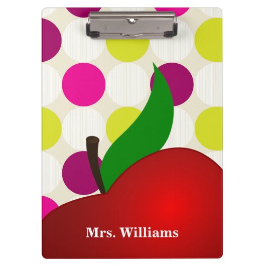 Personalized Black Polka Dot Red Apple Teacher Cli Klembord (Voorkant)