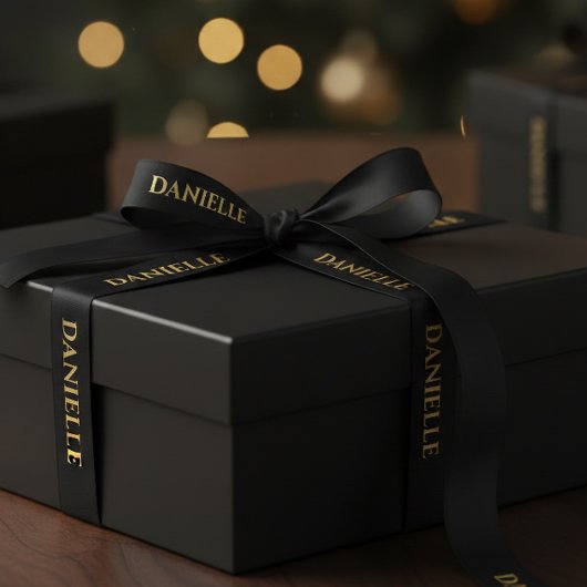 Personalized Black Ribbon with Gold Name Text Satijnen Lint