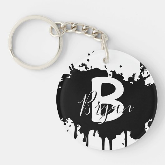 Personalized Black & White Monogram Acrylic Keycha Sleutelhanger (Voorkant)