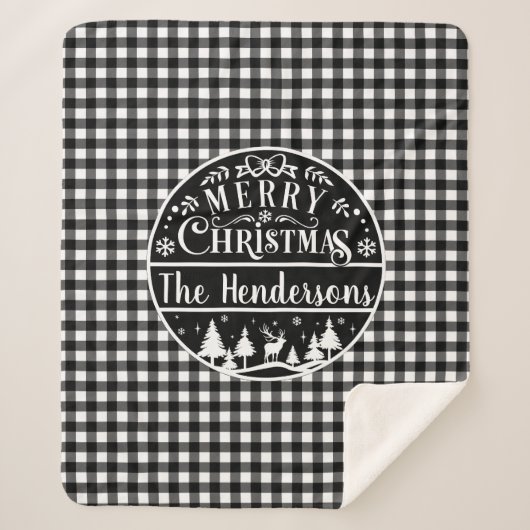 Personalized Black & White Plaid Merry Christmas Sherpa Deken (Voorkant)
