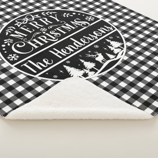 Personalized Black & White Plaid Merry Christmas Sherpa Deken (3/4)