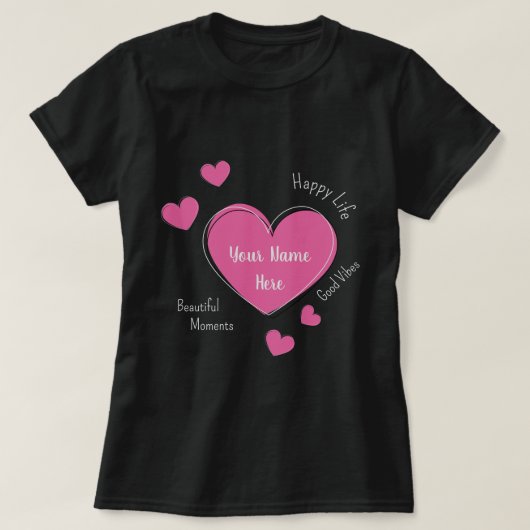 Personalized Black Women’s T-Shirt with Pink Heart (Design voorkant)