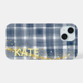 PERSONALIZED Blauw Geruit Goud Esthetisch iPhone H 15 Case (Achterkant horizontaal)