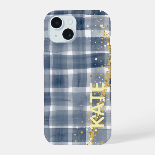 PERSONALIZED Blauw Geruit Goud Esthetisch iPhone H 15 Case (Achterkant)
