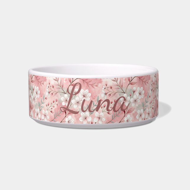 Personalized Bloom Sakura Pink Burgundy Voerbakje (Voorkant)