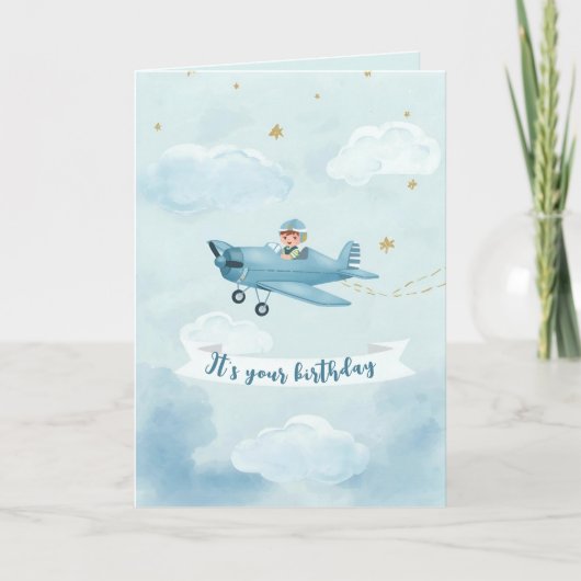 Personalized Blue Airplane Birthday Card Kaart (Voorkant)