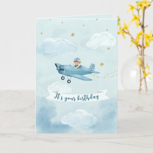Personalized Blue Airplane Birthday Card Kaart (Gele Bloem)