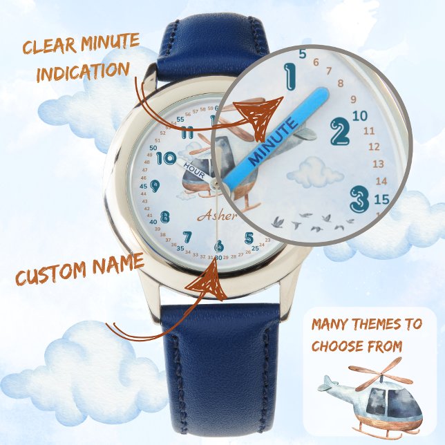 Personalized Blue Boys Helicopter Learning Time Horloge (Creator heeft geüpload)