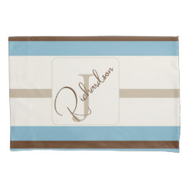 Personalized Blue Brown Stripe Monogram Coastal Kussensloop