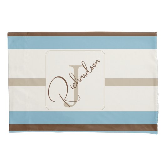 Personalized Blue Brown Stripe Monogram Coastal  Kussensloop (Voorkant)