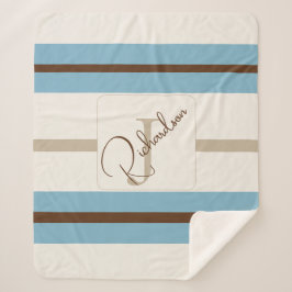Personalized Blue Brown Stripe Monogram Coastal Sherpa Deken