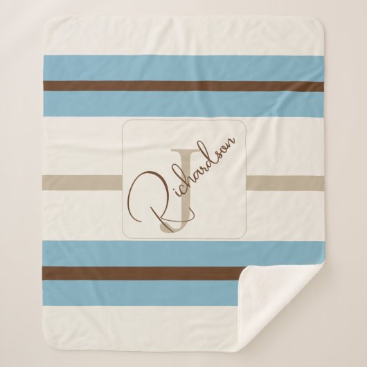 Personalized Blue Brown Stripe Monogram Coastal  Sherpa Deken (Voorkant)