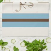 Personalized Blue Brown Stripe Monogram Coastal  Theedoek (Gevouwen)
