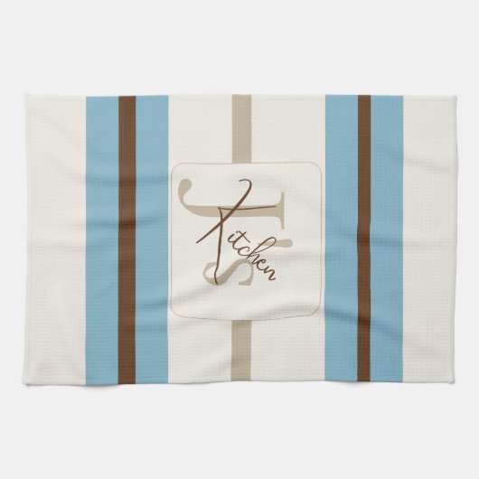 Personalized Blue Brown Stripe Monogram Coastal  Theedoek (Horizontaal)