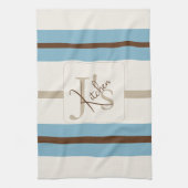 Personalized Blue Brown Stripe Monogram Coastal  Theedoek (Verticaal)