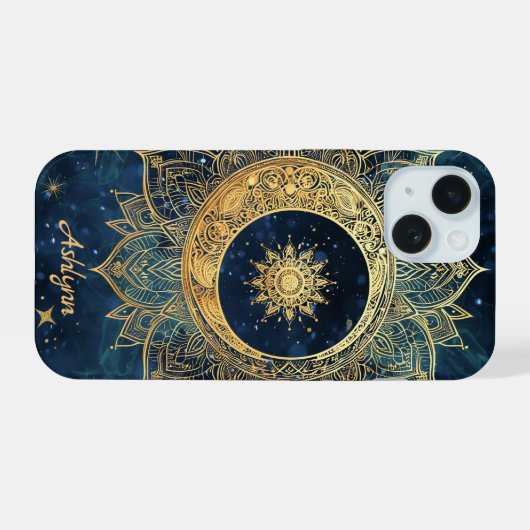 Personalized Blue Celestial Gold Sun Moon Mandala iPhone 15 Case (Achterkant horizontaal)