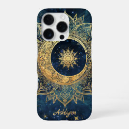 Personalized Blue Celestial Gold Sun Moon Mandala  iPhone 16 Pro Hoesje