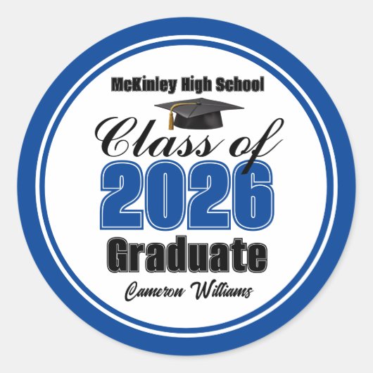Personalized Blue Class of 2026 Graduation Party Ronde Sticker (Voorkant)