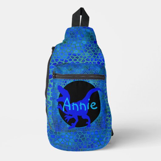 Personalized Blue Dinosaur Sling Bag (Voorkant)