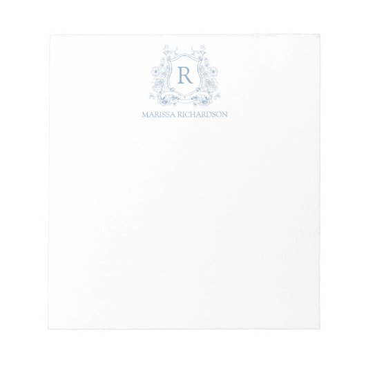 Personalized Blue Floral Crest Notepad Notitieblok (Voorkant)