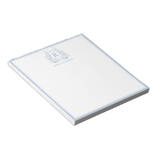Personalized Blue Floral Crest Notepad Notitieblok (Schuin)