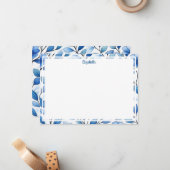 Personalized Blue Floral Flat Note Card Notitiekaartje (Voorkant / Achterkant in situ)