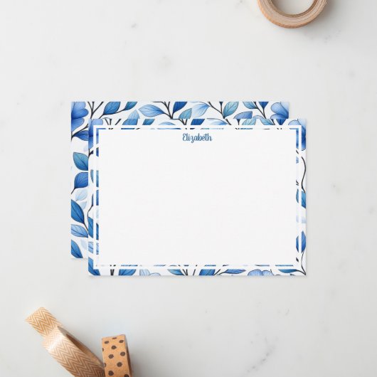 Personalized Blue Floral Flat Note Card Notitiekaartje (Voorkant / Achterkant in situ)