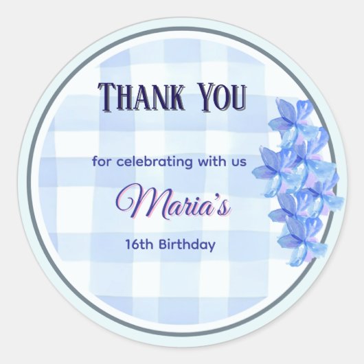 Personalized Blue Floral Thank You Sticker | Bday (Voorkant)