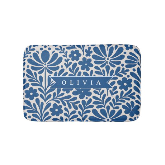 Personalized Blue Folk Floral Nordic Custom Badmat (Voorkant)