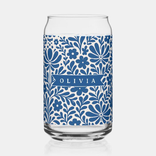 Personalized Blue Folk Floral Nordic Custom Blikvorm Glas (Voorkant)