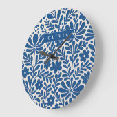 Personalized Blue Folk Floral Nordic Custom Grote Klok (Hoek)