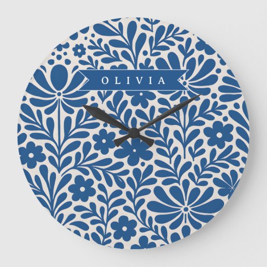 Personalized Blue Folk Floral Nordic Custom Grote Klok (Voorkant)