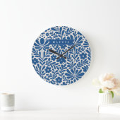 Personalized Blue Folk Floral Nordic Custom Grote Klok (Huis)