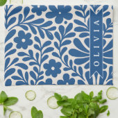 Personalized Blue Folk Floral Nordic Custom Theedoek (Gevouwen)