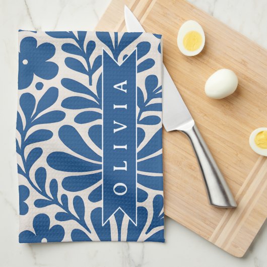 Personalized Blue Folk Floral Nordic Custom Theedoek (Quarter Fold)