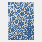 Personalized Blue Folk Floral Nordic Custom Theedoek (Verticaal)