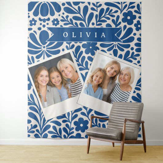 Personalized Blue Folk Floral Nordic Custom Wandkleed (In situ)